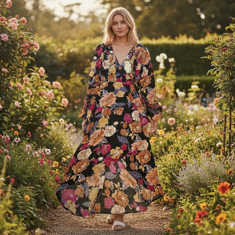 Band of the Free Floral Wrap Dress Womens Small Black High Low Boho Bell Sleeve
